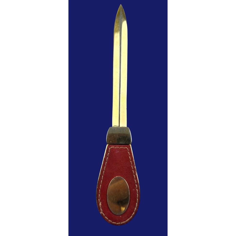 Vintage Brass Letter Opener Red Leather Handle Executive Desk Accessory